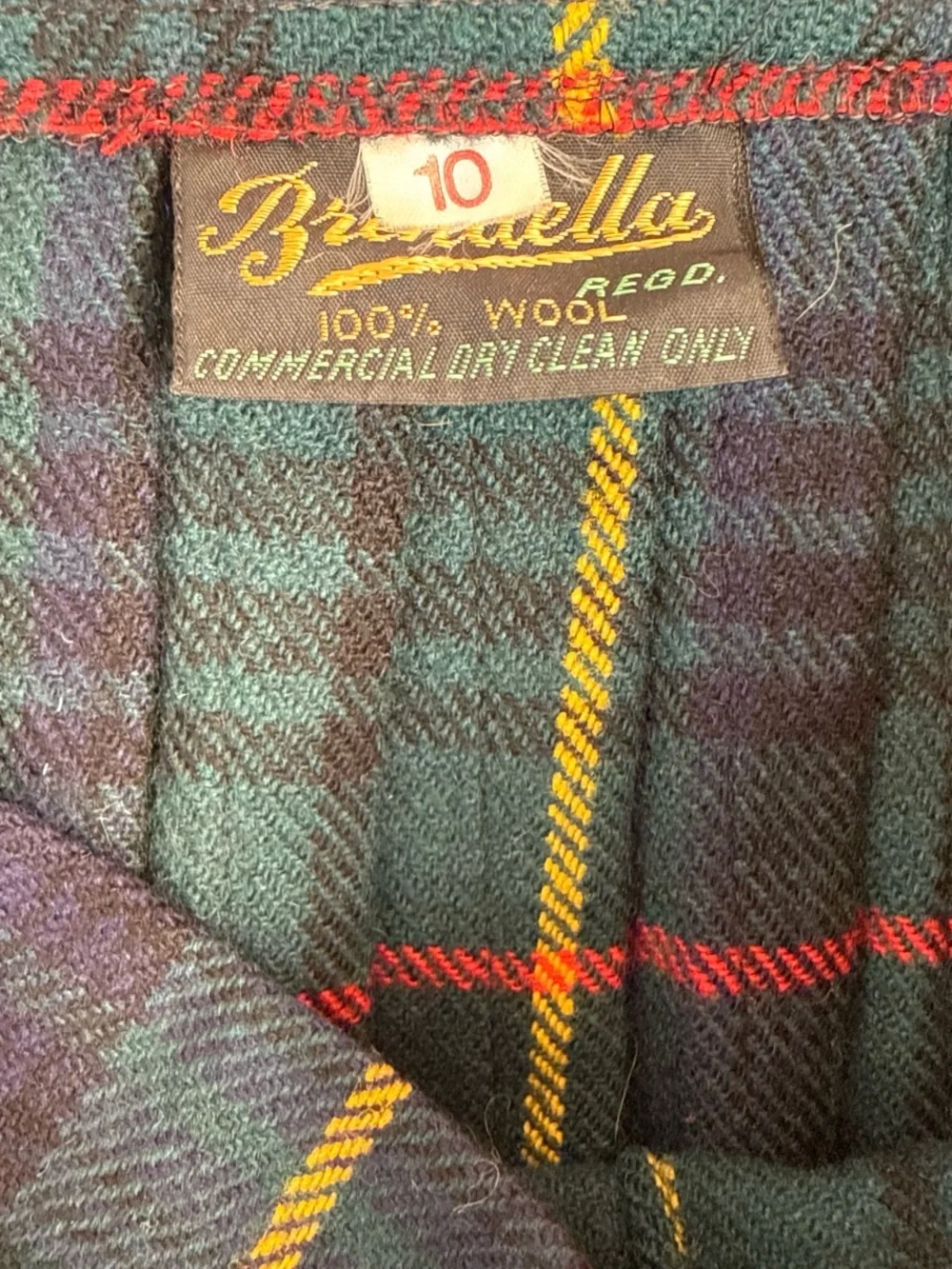 Vintage 100% wool brendella Green, red, and yellow plaid pleated midi skirt